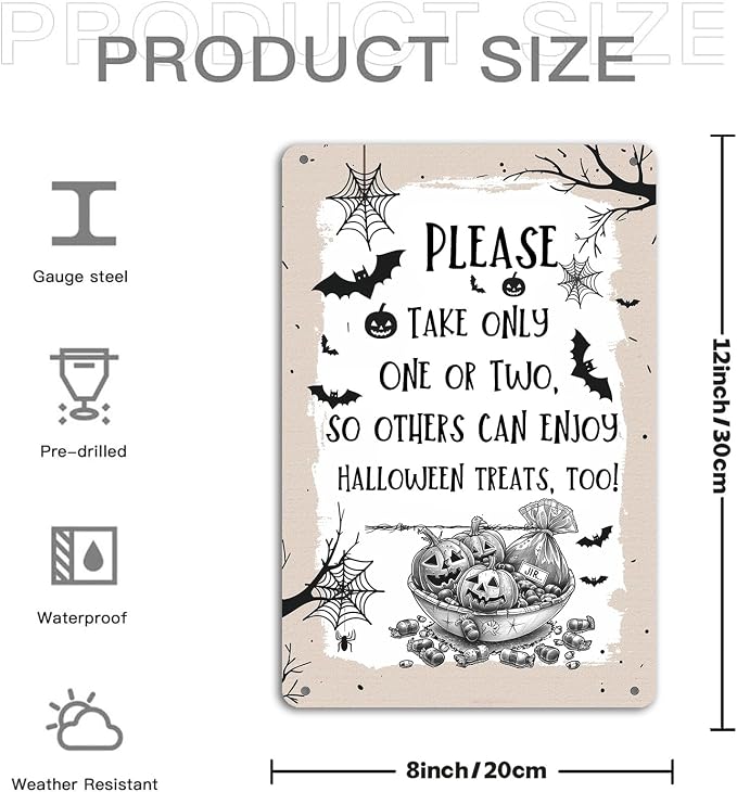 KanaAt Funny Halloween Trick or Treat Metal Sign Please Take Only One or Two Tin Sign Halloween Candy Vintage Decor for Home Kitchen Porch Yard Front Door Party Decor 8x12 inch, diany-m93 - Image 2