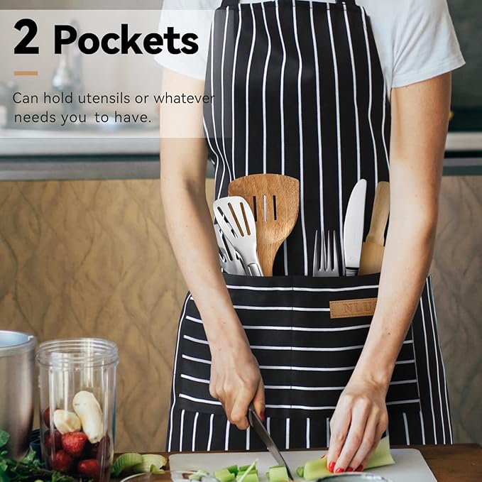 NLUS 2 Pcs Kitchen Cooking Aprons, Poly/Cotton Blend Adjustable Soft Bib Stripe Aprons with 2 Pockets for Women Men Chef (Blue Pinstripes/Black Stripes)