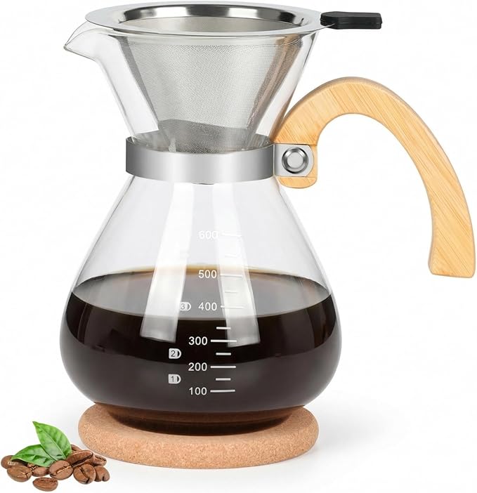 Pour Over Coffee Maker Set, with Double-Layer Stainless Filter and Wooden Handle, 20 oz 600ml Thickened Borosilicate Glass Pour Over Coffee Dripper for Home Café