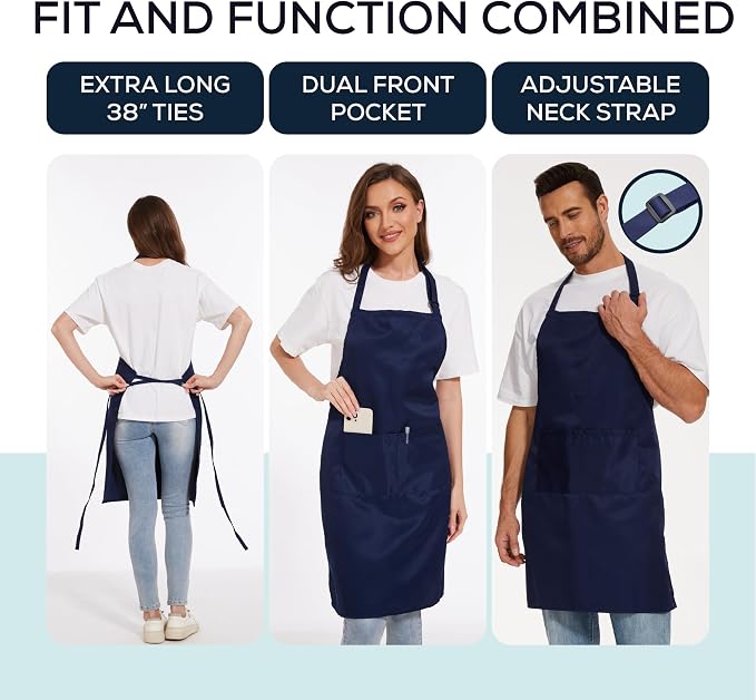 Will Well Kitchen 2 Pack Bib Apron For Men & Women with 2 Pockets - Navy | Unisex 33'' x 27'' Oil & Water Resistant Soft Kitchen Chef Apron with Adjustable Neck Strap & 38'' Waist Ties for Snug Fit - Image 3