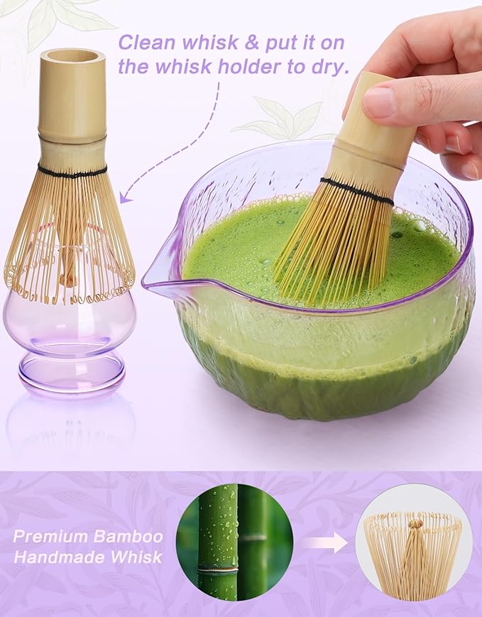 Matcha Whisk Set- 7 Pcs, Matcha Kit Includes Matcha Bowl, Matcha Whisk and Holder, Bamboo Scoop, Spoon, Sifter and Tea Towel, Matcha Set, Gift for Matcha Lovers Beginner (Light Blue)