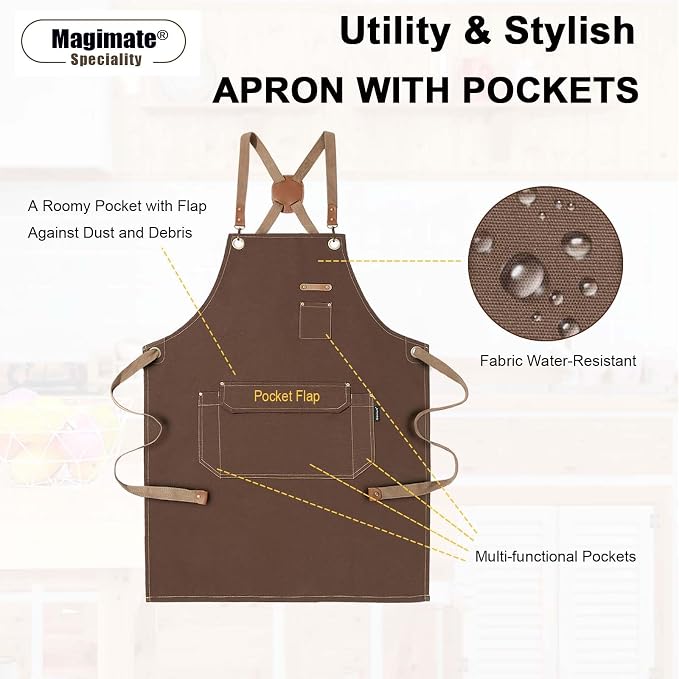 Chef Apron with Cross Back Straps for Men Women, Cotton Canvas Apron for Artists Painting, Kitchen Cooking - Image 3