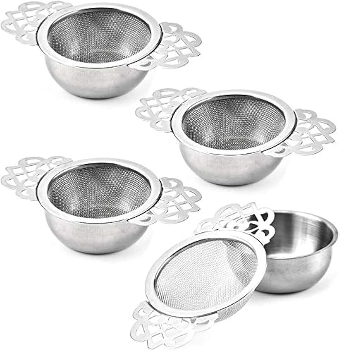 4 Set Tea Strainers with Drip Bowls, Loose Leaf Tea Strainers with Double Winged Handles Extra Fine Mesh Tea Infuser Brew Loose Leaf Tea, Spices, Seasonings