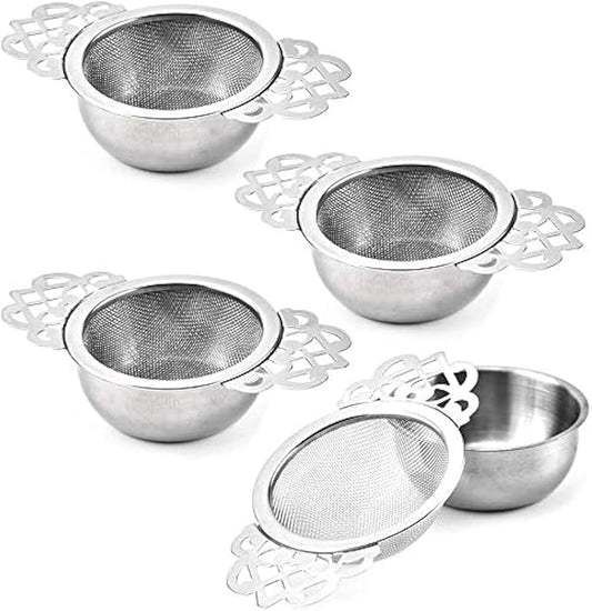 4 Set Tea Strainers with Drip Bowls, Loose Leaf Tea Strainers with Double Winged Handles Extra Fine Mesh Tea Infuser Brew Loose Leaf Tea, Spices, Seasonings