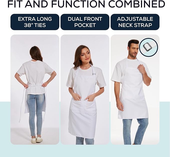 Will Well Kitchen 2 Pack Bib Apron For Men & Women with 2 Pockets - White | Unisex 33'' x 27'' Oil & Water Resistant Soft Kitchen Chef Apron with Adjustable Neck Strap & 38'' Waist Ties for Snug Fit - Image 3