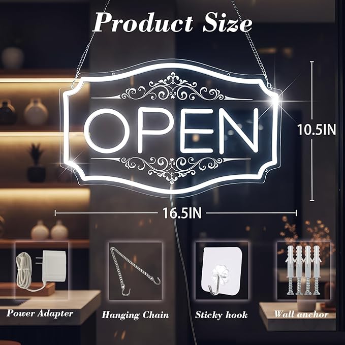 Open Sign for Business, LED Dimmable Neon Open Sign with 12V/2A Adapter, 16.5" x 10.5", White, Bright LED Visibility to Light Up Window, Wall, Bar, Coffee, Salon and Store