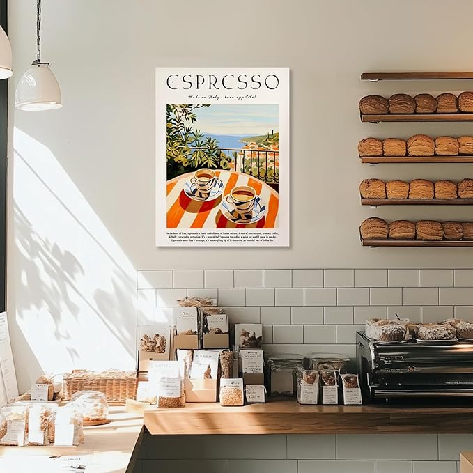 Vintage Espresso Kitchen Wall Art – Retro Italy Coffee Sign Canvas Prints – Framed Cozy Coffee Bar Wall Decor for Dining Room Kitchen Home Decoration – 12x16in