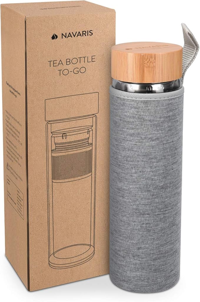 Navaris Glass Water Bottle with Tea Infuser - Double Walled Borosilicate Glass Travel Tumbler with Bamboo Lid and Non Slip Gray Neoprene Sleeve - 17oz