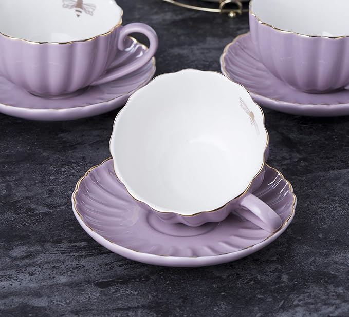Jusalpha Fine China 8 OZ Purple Coffee Cup/Teacup, Saucer, Spoons, Teapot and Creamer Set, 17-Pieces (FD-TW17PC Set, Purple)