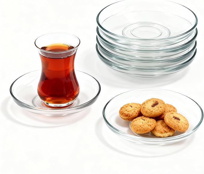 Glass Saucer Plates Set of 6, Coffee & Tea Saucers, Dipping Sauce Cups, Soy Sauce Dish, Small Plates for Side Dishes, Appetizer Plates for Home Kitchen