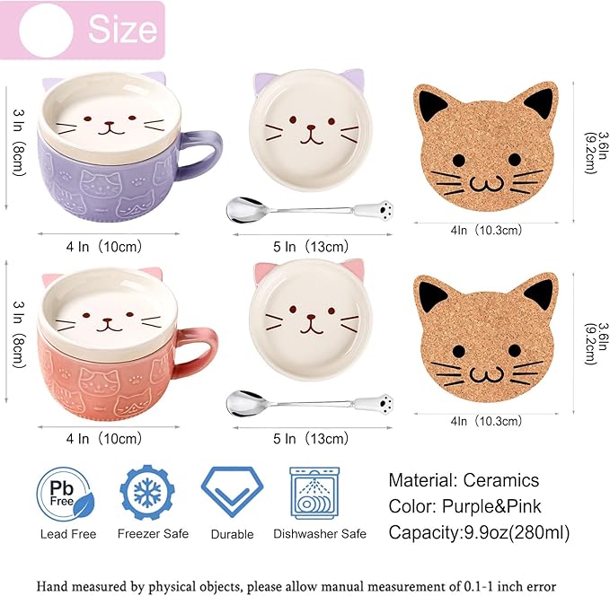 2PCS Cute Kawaii Cat Tea Cup Ceramic Coffee Mug with lid, Tea Cups and Saucers for Dessert, Cute Gifts for Cat Lovers, Anime Fans, Christmas for Women 10oz (Pink + Purple)