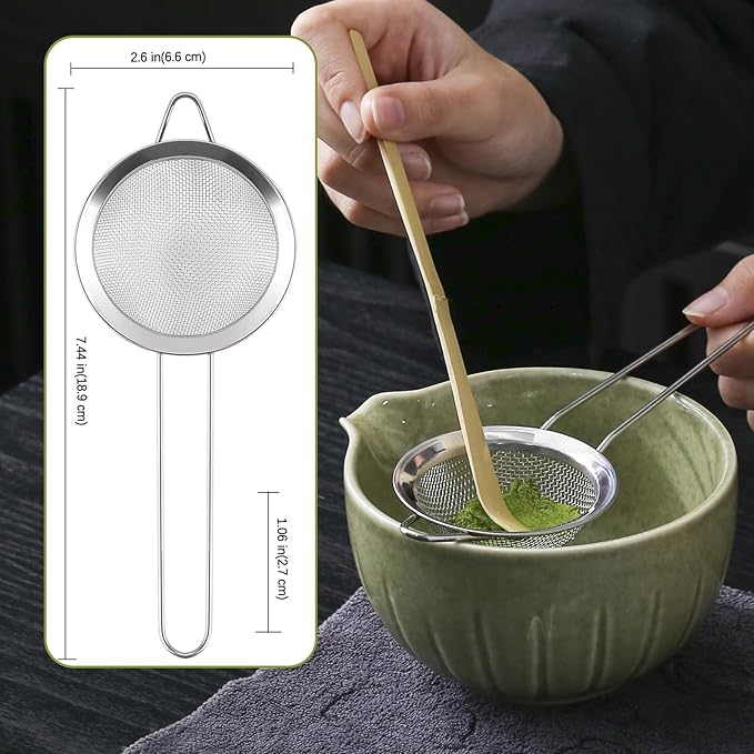 TANG PIN Matcha Sifter, Matcha Strainer and Tea Towel, Stainless Steel Sieve Sifter with Handle, Small Metal Strainer for Matcha, Juice, Drink, Herbs, Mini Sifter for Flour, Kitchen, Baking, Silver
