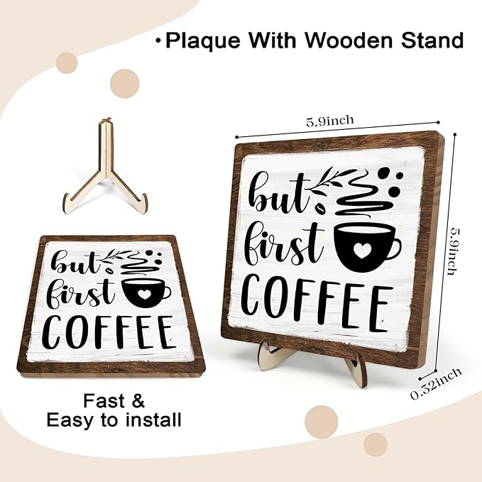 Vintage Coffee Bar Wooden Plaque Desk Sign, Farmhouse Wood Plaque Tabletop Decor for Cafe Bar Kitchen Office,Coffee Station Accessories 5.9x5.9Inch (White&Brown4, 5.9x5.9inches)