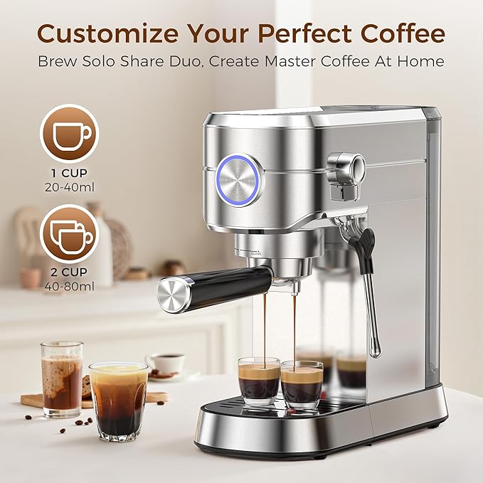 Kndko Espresso Machine, 20 Bar Espresso Maker with Milk Frother, Compact Stainless Steel Coffee Machine with 34oz Removable Water Tank for Cappuccino, Latte