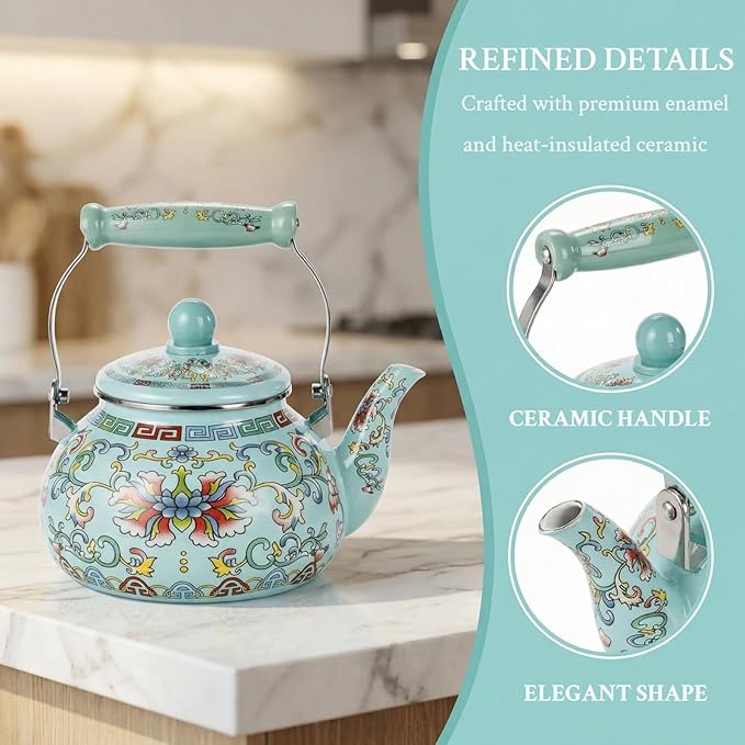 2.6 Quart Floral Enamel Tea Kettle, Vintage Enameled Teapot Stovetop, Enamel on Steel Water Coffee Tea Pot with Ceramic Handle, Colorful Hot Water Kettle for Home Kitchen Decor, No Whistling