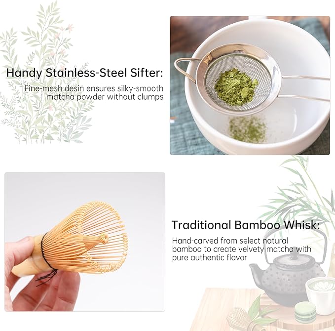 Matcha Whisk Set Green 5PCS Matcha Whisk and bowl(Chawan) With Matcha Spoon and sifter Matcha Kit for Ceremony Matcha Tea Set Gift for Matcha Lovers