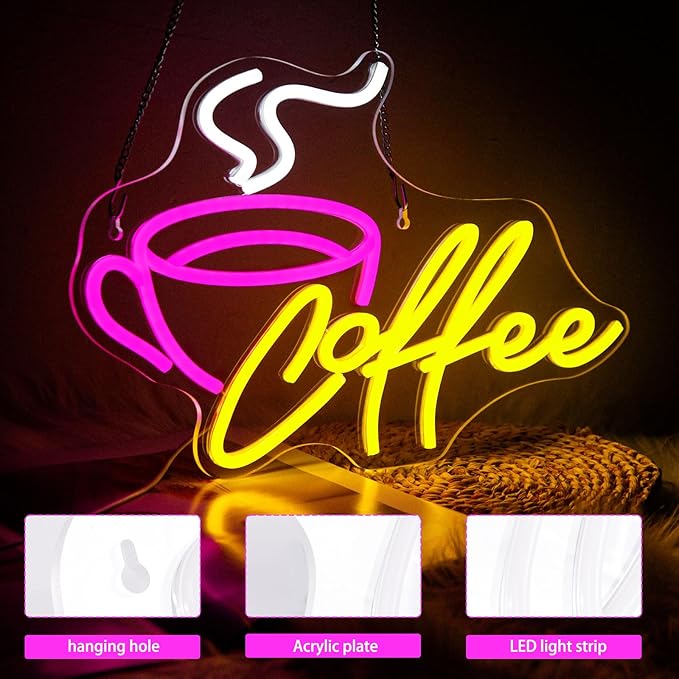 Coffee Bar Neon Sign for Wall Decor LED Cafe Light up Sign for Cafe Coffee Station Bar Shop Business Kitchen Art Decor Party Decorations Gifts USB Powered