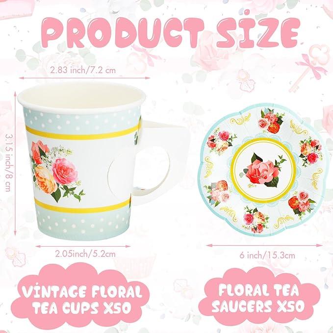 100 Pcs Tea Party Decorations Includes 50 7 oz Paper Tea Cups with Handle 50 Vintage Floral Plates Disposable Tea Cups and Saucers for Wedding Spring Party Birthday Hot Cold Drinks(Blue)