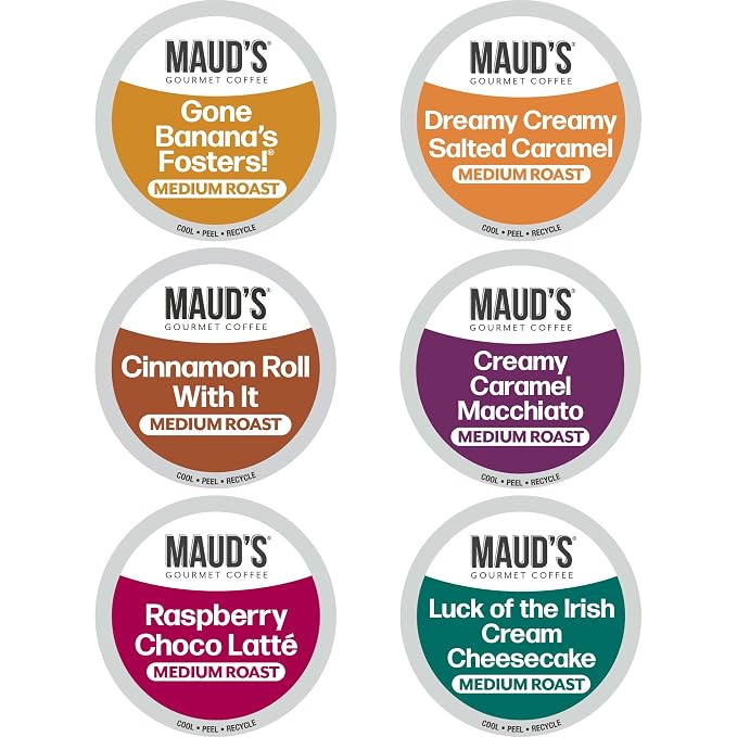 Maud's Flavored Coffee Pods Variety Pack, 24 ct, 6 Assorted Flavors, Medium Roast Flavored Coffee in Single Serve Pods – 100% Arabica Beans, Compatible with Keurig K Cups Maker by MAUDSCOFFEETEA