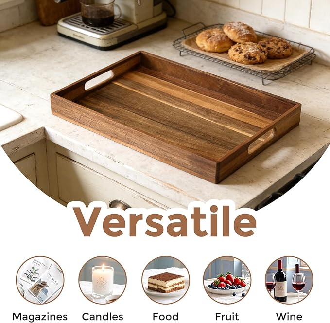 Acacia Wood Serving Tray with Handles, 17 Inch Wooden Tray for Ottoman, Breakfast, Lunch, Dinner, Decorative Rectangular Tray for Living Room, Kitchen Counter, Outdoor