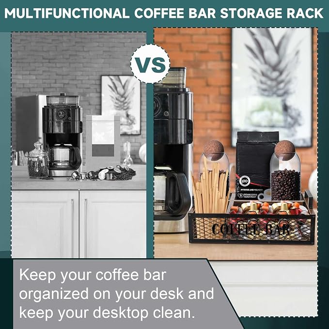 Yalikop Coffee Station Organizer for Countertop, All in One No Assembly Wood Coffee Creamer Bar Holder with Iron Mesh, Office Tea Bar Accessories Gift for New Home Birthday(Brown,Natural) - Image 5