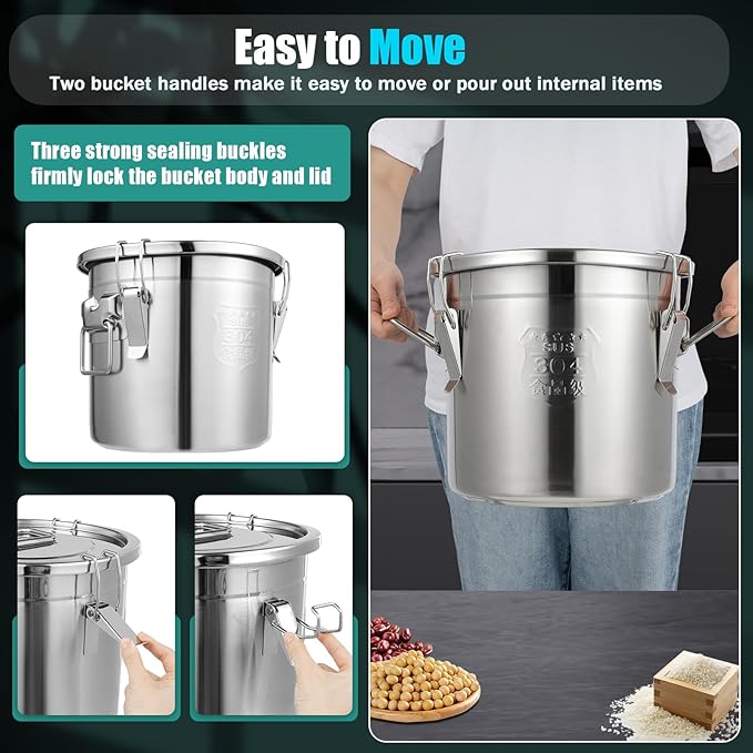 304 Stainless Steel Airtight Canister, Kitchen Metal Food Storage Canisters w/Airtight Lid & Locking Clamp, Cereal Container for Rice Flour Milk Coffee Bean, Silver (12L)