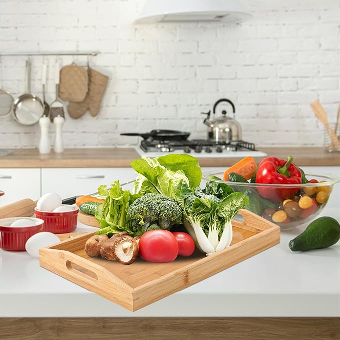 3 PCS Bamboo Serving Tray, Breakfast Bed Tray with Handle, 15 x 10 x 2 Inch Wood Serving Tray for Serving, Breakfast Bed Trays for Eating, Decor, Displaying Cake, Fruit