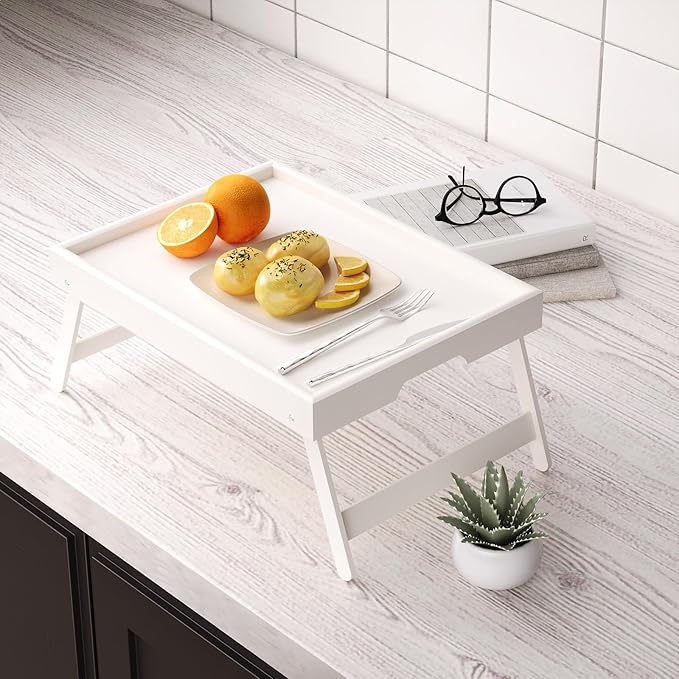 2 Pack Bamboo Bed Tray Table with Folding Legs,Breakfast Trays,Serving Tray for Food and Snack,Laptop Trays for Working(White)