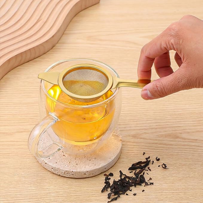 2 Pcs 2.36 Inch Mini Matcha Sifter, 30 Fine Mesh Stainless Steel Tea Strainer Dual-Use Matcha Sifter with Drip Cup for Loose Tea Coffee(gold)