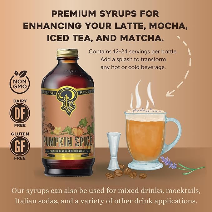 Portland Syrups Pumpkin Spice - Drink Mix for Exceptional Cocktails, Sugar Syrup for Drinks, Simple Syrup for Coffee, Mocktails, Baking, 12 oz, 24 Servings (Pack of 2)