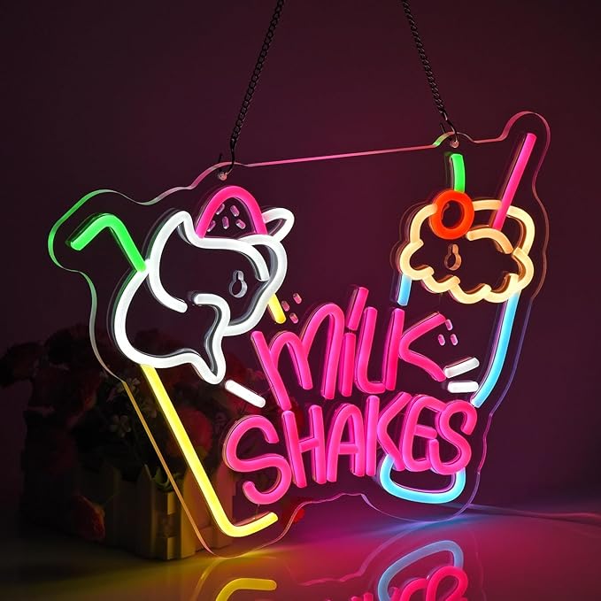 Milk Shakes Neon Sign, Milkshake LED Light, Ice Cream Shop Frozen Yogurt Bar Bubble Tea Store Neon Light for Bar Coffee Shop Decor