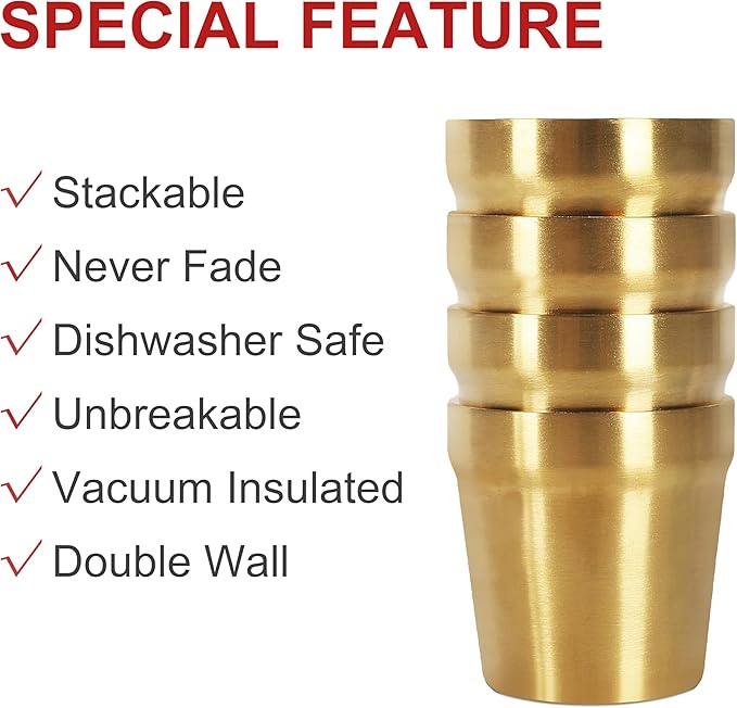 Youda 4-Pack 6oz Double Wall Insulated Stainless Steel Cups - Stackable Travel Coffee/Tea/Cold Drink Cups, Camping & Outdoors - BPA-Free 304 Stainless Steel (Gold)