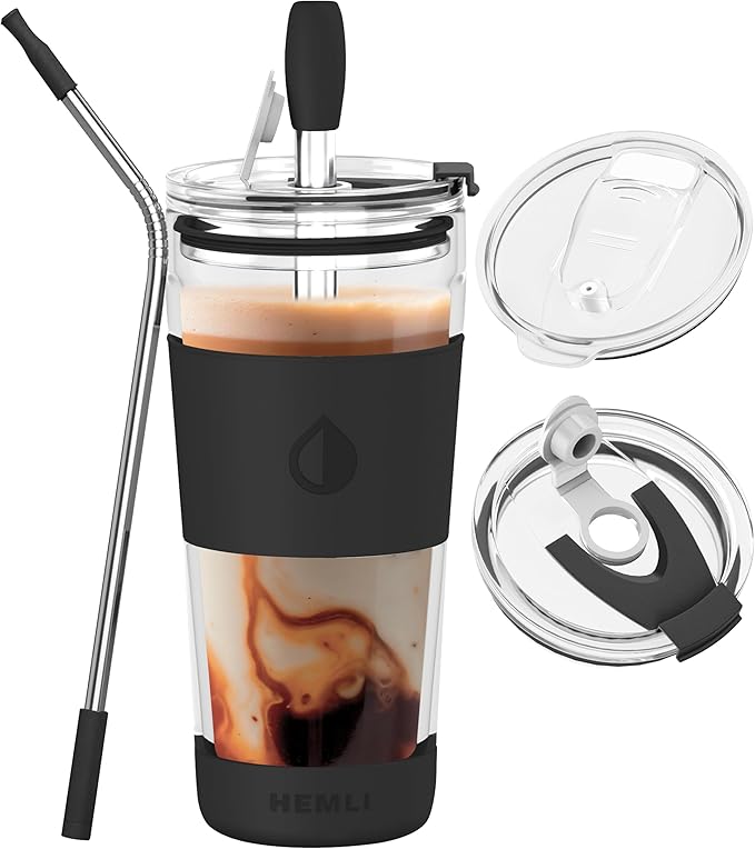 19 oz. Double Wall Glass Coffee Tumbler, To Go Travel Mug with Lid, Portable Glass Thermos with Straw, Reusable Cup, Tea, Smoothies, Ice Coffee, and Boba