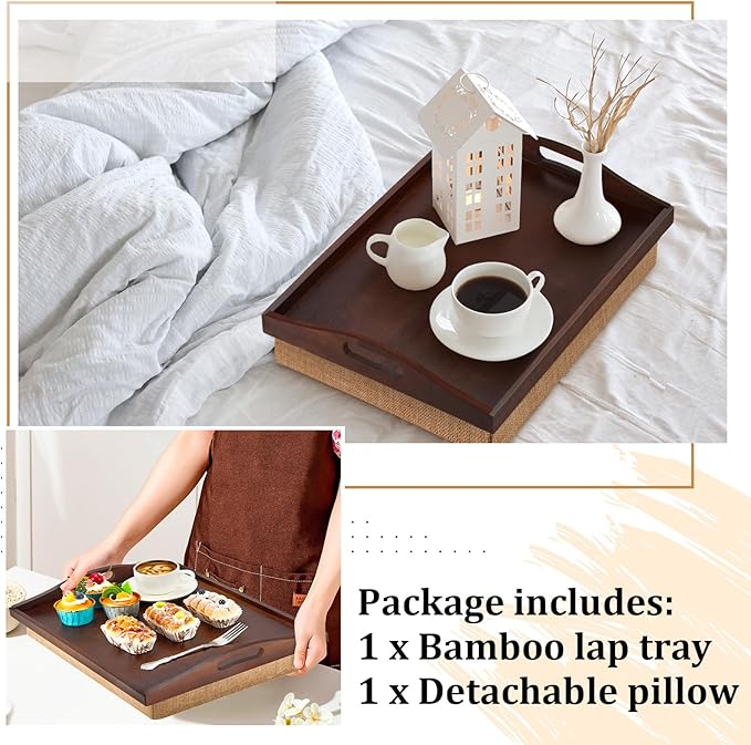 Tioncy 1 Piece Bamboo Lap Tray with Detachable Pillow 16.9'' x 13'' Lap TV Trays Desk with Handles for Adults Eating in Recliner Breakfast Housewarming Gift (Walnut Brown)