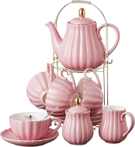 Jusalpha Fine China Pink Coffee Cup/Teacup Set, 7 OZ Cups& Saucer Service for 4, with Teapot-Sugar Bowl-Cream Pitcher Teaspoons and tea strainer for Tea/Coffee, 17-Pieces (TW Full set)