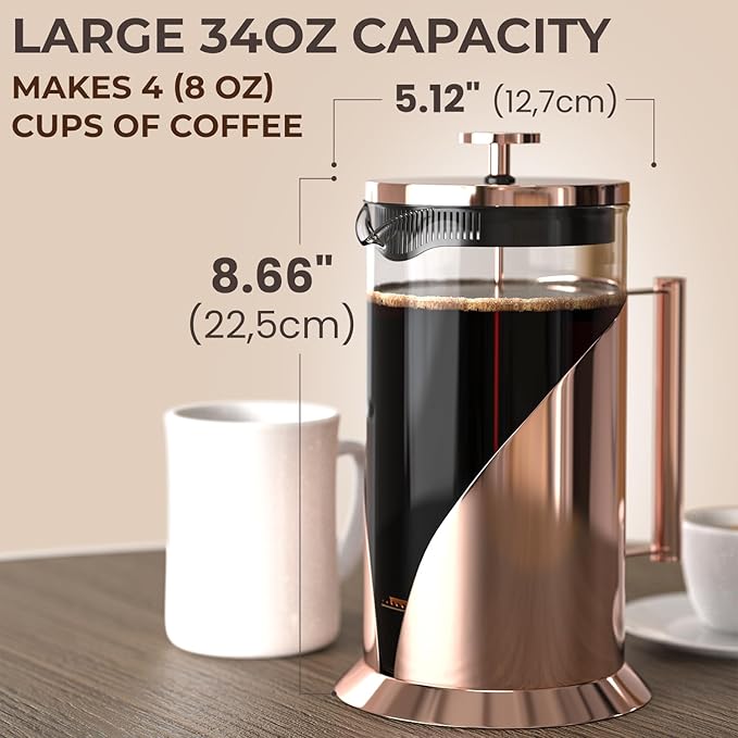Cafe Du Chateau Stainless Steel French Press Coffee Maker 34 oz - Easy to Use Insulated Coffee Press with 4-Level Filtration, Manual Brewer for Tea, Camping & Travel with BPA Free, Durable Clear Glass