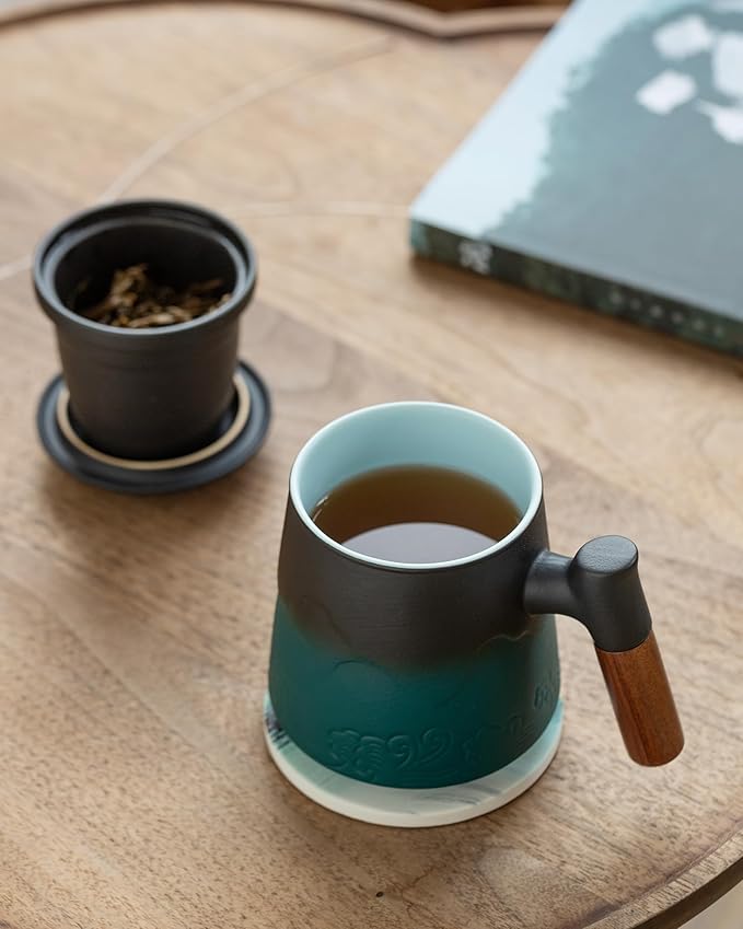 ZENS Tea Mug with Infuser and Lid for Loose Leaf Tea Steeper, 15.2oz Wood Handle Ceramic Tea Cup with Fine Strainers and Absorb Coaster for Tea Lovers Gifts