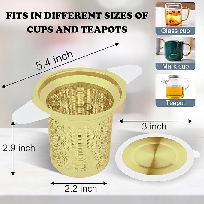 Tea Infuser for Loose Leaf Tea, Extra Fine 304 Stainless Steel Tea Strainer Stepper with Heat-Resistant Silicone Handles and Lid, Large Capacity Tea Basket Filter for Mug, Cup (Gold)