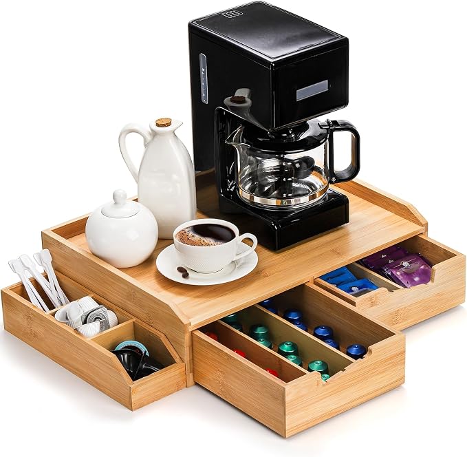SOUJOY Bamboo Drawer Organizer for Coffee Pod, K Cup Organizer for Counter, Tea Bag Storage Organizer with Drawer and Side Storage Box for Kitchen Office Coffee Bar by SOUJOY