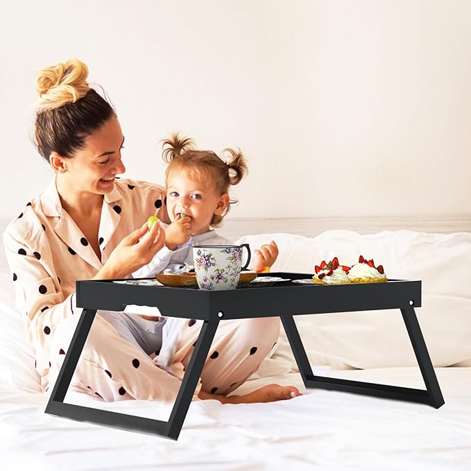 2 Pack Bed Tray Table with Foldable Legs, Bamboo Breakfast Tray for Sofa, Beds, Eating, Working, TV Table, Food, Dinner, Computer Trays, Laptop Desk Snack Folding Trays in Bed, Black