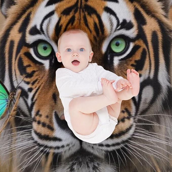 Beautiful Tiger Nature Grass Super Soft Throw Blanket, Blue Butterfly Flannel Fleece Decorative Throw for Sofa Couch Bedroom Decor Outdoor Use 60"x80"