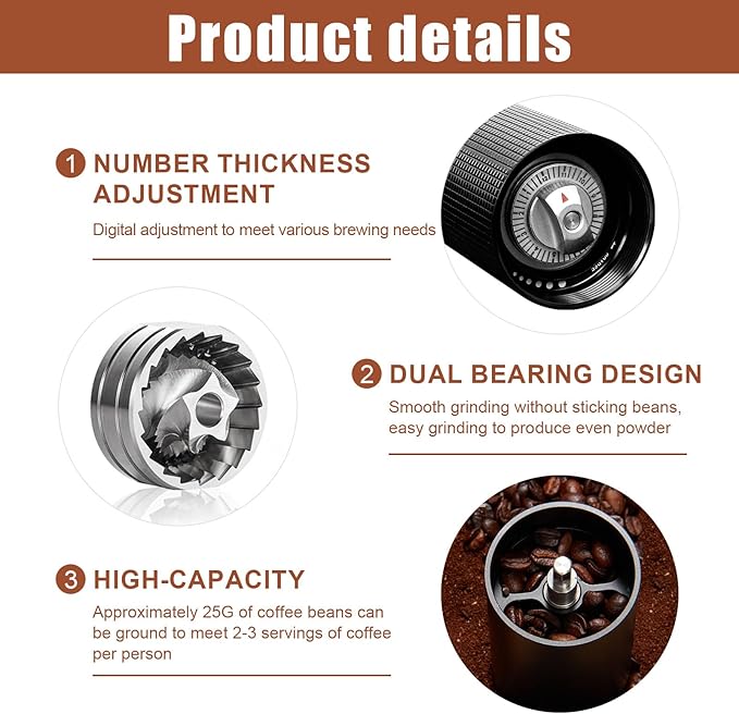 25g Manual Coffee Grinder CNC Stainless Steel Hand Coffee Grinder with Double Bearing Positioning Adjustment, Manual Coffee Bean Grinder Perfect for Office Home Traveling