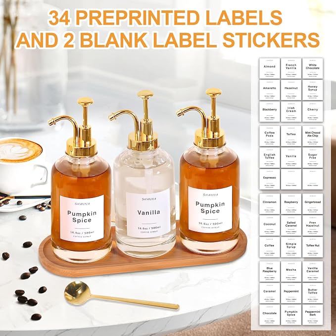 Coffee Syrup Dispenser for Coffee Bar, 16.9oz 500ml Glass Syrup Dispenser w Golden Coffee Scoop, Coffee Syrup Pump Dispenser w 36 Labels and Bamboo Tray, Coffee Syrup Bottles with Golden Pump, 3PCS - Image 4