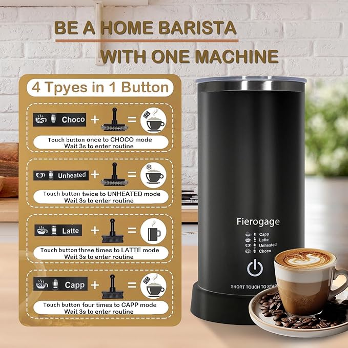 Touch Button Milk Frother and Steamer,Fierogage Electric 4 in 1 Automatic Hot and Cold Foam Maker and Milk Warmer for Latte,Cappuccinos,Macchiato,8.4oz/250ml Black