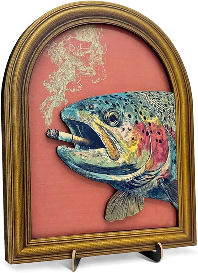 3D Funny Vintage Trout Wall Art Sign, Retro Whimsical Trout Fish Animal Decor Sign for Home Bar Man Cave Desk Wall Shelf Decor 8x10 Inch
