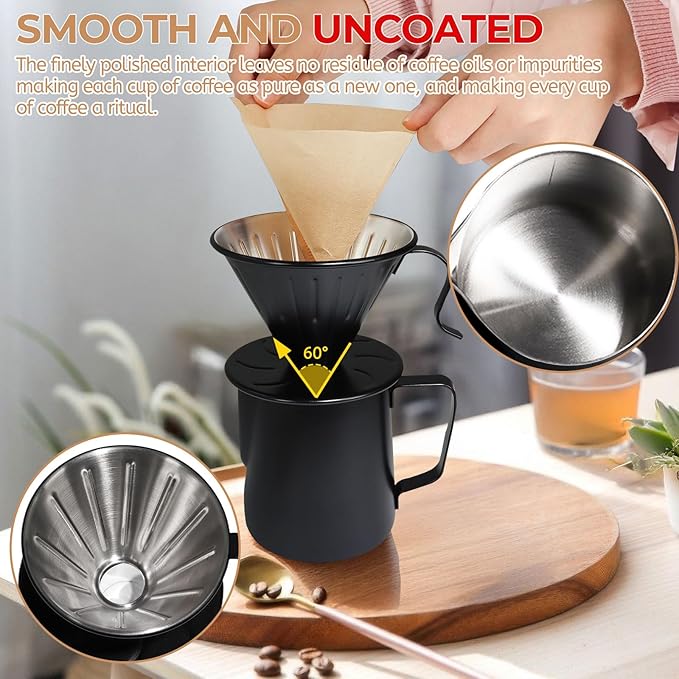 Pour Over Coffee Maker 350ml Milk Frothing Pitcher 304 Thickened Stainless Steel Drip Coffeemaker Set with 50pcs V60 Cone Paper Filters Hand Brew Dripper Carafe for Home Camping Travel 12oz