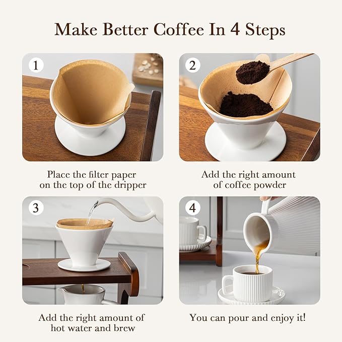 Pour Over Coffee Maker Set, 22OZ Ceramic Pour Over Coffee Dripper with Acacia Wood Stand and 5OZ Cups and Saucers Set of 2, Size 02
