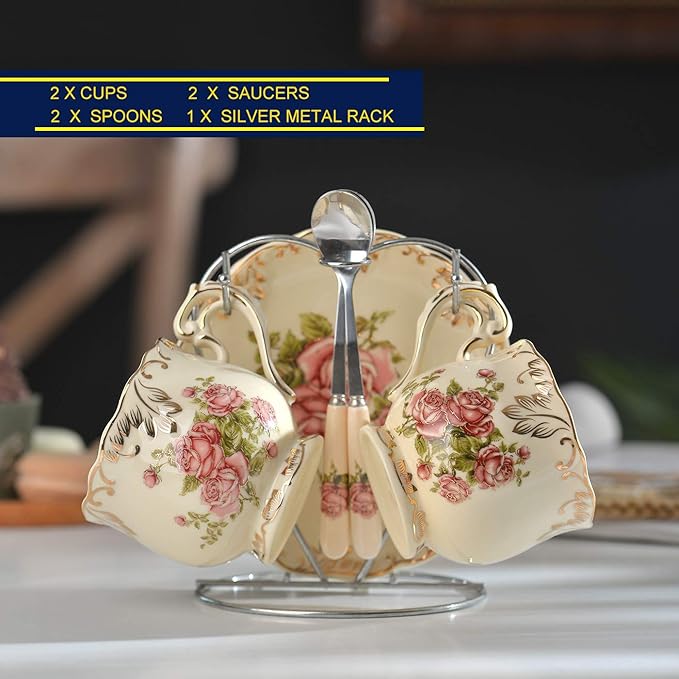 YOLIFE Tea Cups and Saucers Set of 2, Porcelain Floral Tea Cups Set with Holder, Fancy Vintage Teacups 8 oz