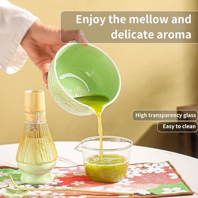 8-Piece Matcha Ceremony Set - Tea Kit with Cherry Blossom Bowl, Bamboo Whisk, Wood Scoops, Tea Cloth & Floral Display - Gift-Ready Pink Cherry color box (green)