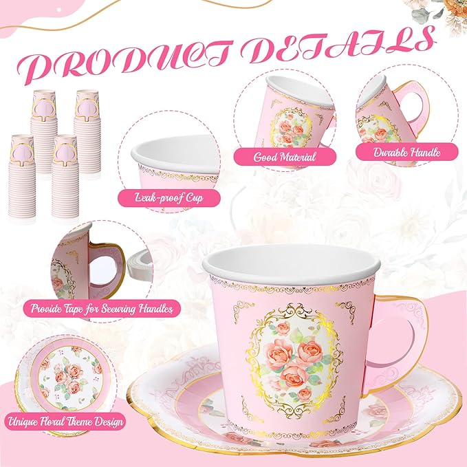 Umigy 36 Sets Tea Party Decorations 6.5 oz Floral Paper Tea Cups with Plates Paper Napkins Disposable Blossom Teacups and Saucers Sets for Girls Birthday Party Supplies(Pink)